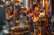 A vintage brass violet integrated into a shiny modern robotics landscape