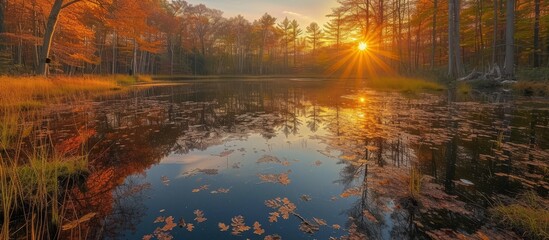 Wall Mural - The natural landscape is transformed as the sun sets over the serene lake in the heart of the forest, painting the sky with vibrant colors reflected on the water.