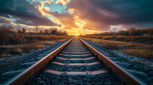 Railroad Tracks Leading Towards A Golden Sunset, Signaling Journeys And New Beginnings, AI Generative.