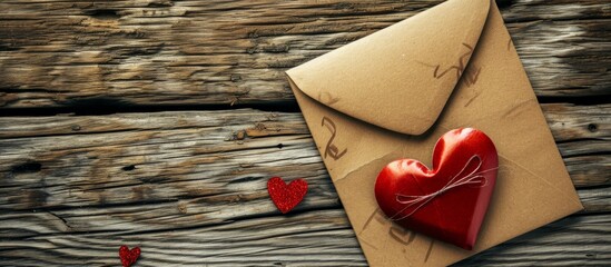 Sticker - A red heart envelope rests on a wooden table, blending beautifully with the hardwood flooring beneath it.