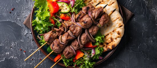 Wall Mural - A delicious recipe of skewered meat and vegetables served on a table, perfect for grilling. This finger food is a great mix of produce and protein, ideal for a fast and easy meal.