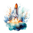 Space watercolor print, space rocket in space