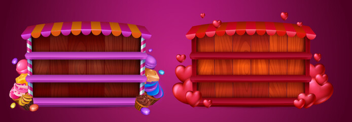 Poster - shop window template with sweet desserts and red romantic hearts for game ui design. cartoon vector 