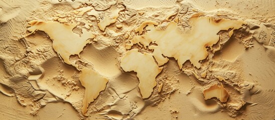 Canvas Print - A detailed map of the world is intricately carved into the sand, showcasing various cuisines, recipes, and ingredients from different regions.