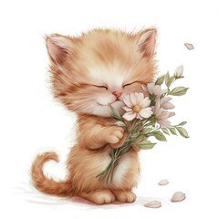 Wall Mural - A cute kitten holds a bouquet of flowers in its paws. Illustration in watercolor style. Isolated on the white background.
