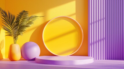 Wall Mural - Abstract bright, yellow-violet background with a circle in the middle and palm leaves in a vase
