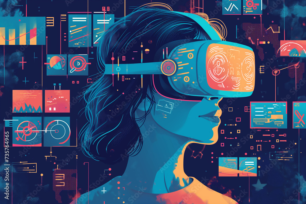Woman wearing virtual reality digital glasses and exploring digital ...