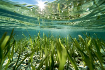 clear water with close-up of aquatic plant and seagrass