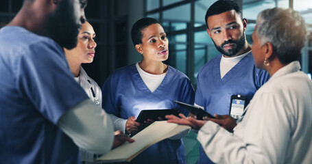 Poster - Doctor, team and tablet at night with planning medical, healthcare and clinic surgery. Hospital team, employee conversation and planning with research and results information for collaboration