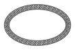 Oval meander frame with seamless Greek key pattern. Decorative border with Greek fret motif, constructed from continuous lines, and shaped into a repeated motif. Isolated black and white illustration.