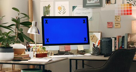 Poster - Office, mockup or green screen on computer to research network, chroma key marker or web design. Background, empty or technology at work desk for copywriting branding, advertising or marketing space