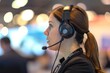 woman with headset, blurred trade conference