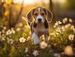 simpatico cucciolo di beagle marrone che corre felice in mezzo ai fiori di prato in primavera, azione ed energia, felicità