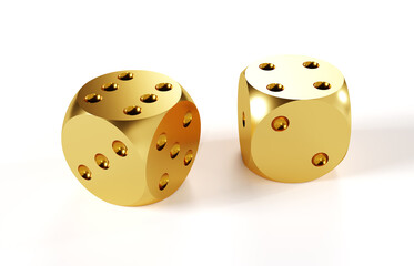 Two gold rolling gambling dice isolated on white background. 3d-rendering