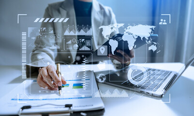 Wall Mural - data management system with business analytics concept. business hands working with provide informat