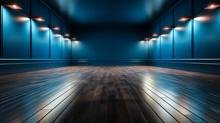 Wall Mural - Blue wall and wooden floor interior for presentation background