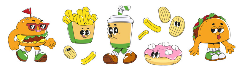 Wall Mural - Retro groovy style food cartoon character set with cute faces. Funky fast food and drink mascot with emotions - hamburger and fries, soda plastic cup and donut with marshmallow, taco and chips