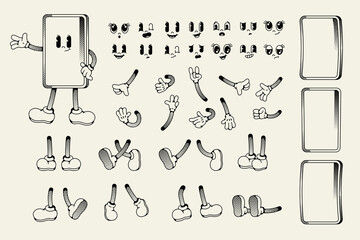 Smartphone character animation kit. Cartoon mobile device face and body parts for various poses, funny mascot gestures and expressions. Vector phone person isolated set