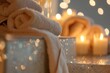 glistening podium with plush bathrobes, candlelight flickering softly out of focus