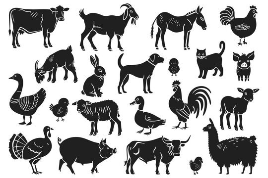 Farm animals vector illustration set. Cow, goat, chicken, pig, turkey, alpaca, cat in style of hand drawn black doodle on white background. Livestock, domestic pet silhouette sketch