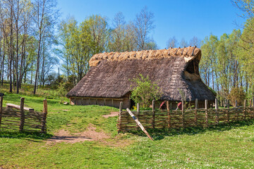 Wall Mural - Idyllic Longhouse on a meadow a sunny spring day