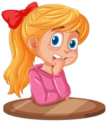 Poster - Cartoon girl thinking with a smile, hand on chin