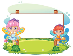 Canvas Print - Two fairies with wings beside a blank banner.