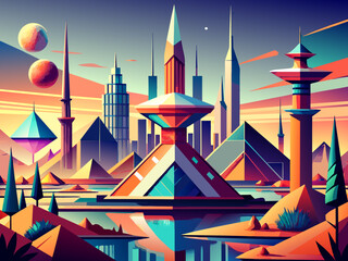 Poster - Geometric shapes morphing into futuristic buildings. vektor illustation