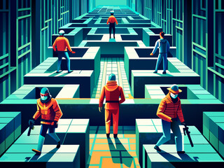 Poster - Cyberspace hackers navigating through digital mazes. vektor illustation
