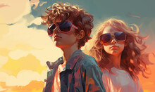 Cool Teenagers With Sunglasses And Trendy Clothes, Boy And Girl, Illustration Generated By AI
