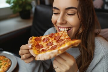 Wall Mural - woman eating delicious pizza