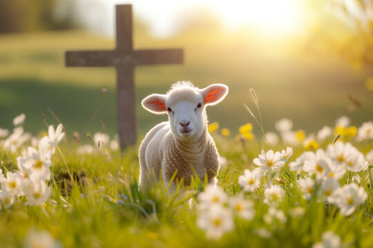 Cute lamb in a meadow with a cross in the background. Easter concept.