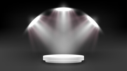 Poster - 3D Round podium and stage illuminated with three spotlights. Vector background