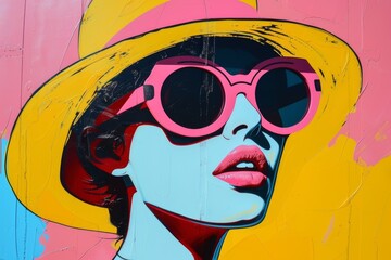 Wall Mural - girl with hat and sunglasses on colored background whit space for copy