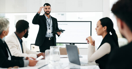 Poster - Presentation, chart and meeting with business man and tablet for planning, training and project management. Idea, strategy and data analysis with people in office for brainstorming, team and research