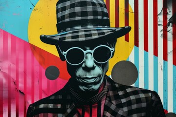 Wall Mural - man with hat and sunglasses on colored pink and yellow background in pop art style