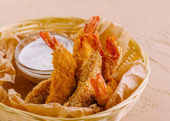 Wall Mural - Tempura Shrimps in wood basket on the table