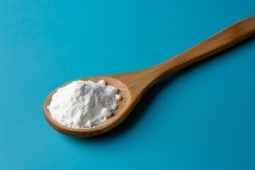 Wall Mural - white powder on a wooden spoon on blue background