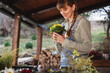Young adult happy European woman on the terrace of a country house with a pot of spring primrose flower in her hands. Gardening hobby lifestyle