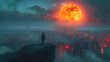 Person on cliff watching the rising orange moon from behind a cyberspace cityscape wallpaper background