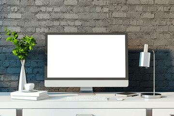 Poster - Modern designer desktop with empty white computer monitor, lamp, supplies and other items. Black brick wall background. Mock up, 3D Rendering.