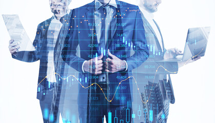 Aufkleber - Three successful european businesspeople standing on abstract city background with forex chart hologram. Success, future, trade, finance and tomorrow concept. Double exposure.