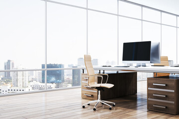 Wall Mural - Bright coworking office interior with panoramic city view, furniture and wooden flooring. 3D Rendering.