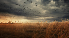 A Flock Of Birds Flying Over A Dry Grass Field.