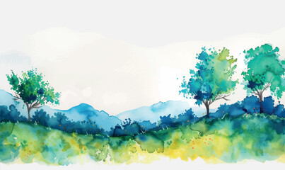 Wall Mural - watercolor grass trees and sky background