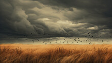 A flock of birds flying over a dry grass field.