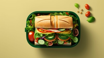 Wall Mural - Lunch Box Delight: Fresh Sandwich and Vibrant Vegetables, Top-View Angle on Isolated Background