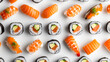 japanese sushi food. Maki ands rolls with tuna, salmon, shrimp, crab and avocado. Top view of assorted sushi. Rainbow sushi roll and nigiri. Set of sushi and maki with soy sauce white  background 