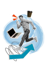 Poster - Creative art collage design young guy multi task worker successfully growth deadline morning coffee netbook isolated on white background