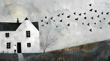 Canvas Print - There is a white house with a black roof in a field, birds are circling above it, and a man is walking next to it.